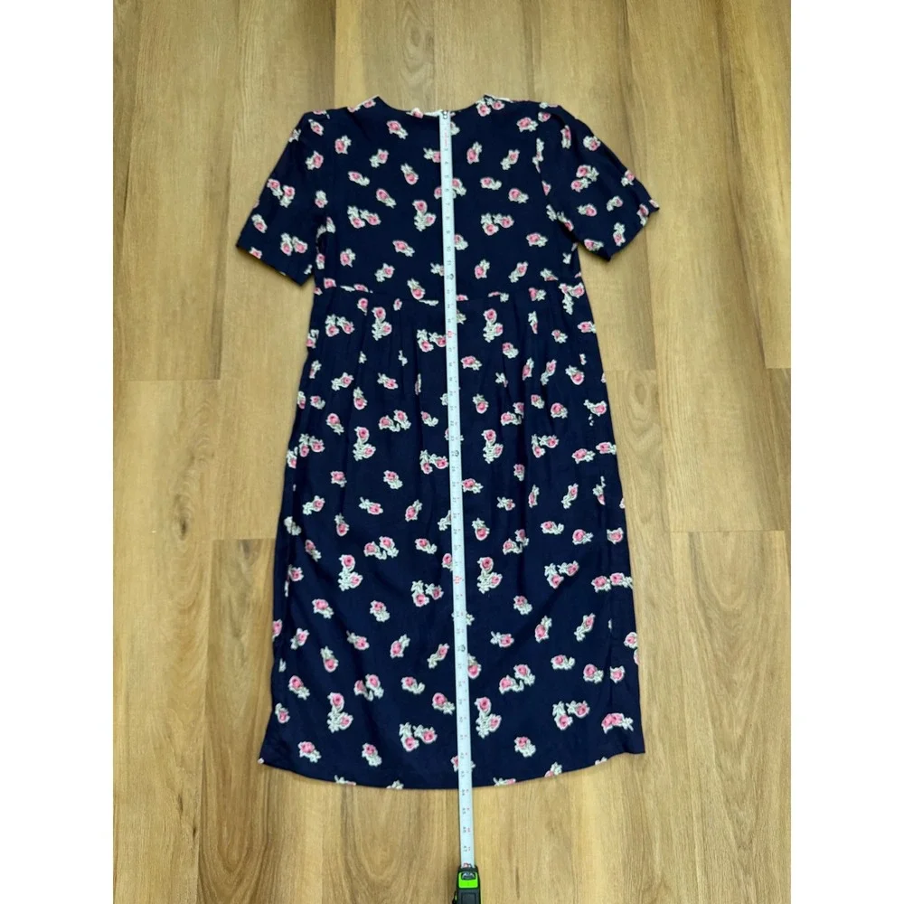 Vintage Floral Midi Dress Navy Pink Lace Collar Pearl Buttons cottage prairie